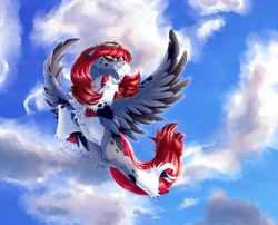 Size: 1540x1242 | Tagged: safe, artist:thatonegib, imported from derpibooru, oc, oc only, pegasus, aviator goggles, cloud, colored wings, commission, flying, goggles, goggles on head, looking up, multicolored wings, sky, smiling, solo, spread wings, unshorn fetlocks, wings, ych result