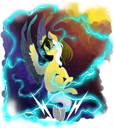 Size: 6400x7168 | Tagged: safe, artist:marrow-pony, imported from derpibooru, oc, oc only, pegasus, pony, absurd resolution, black mane, colored wings, cyan eyes, flying, looking at you, simple background, solo, space, space background, sparks, transparent background, two toned mane, two toned wings, white mane, wings, yellow coat