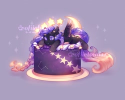 Size: 2500x2000 | Tagged: safe, artist:cofiiclouds, imported from derpibooru, oc, oc only, pegasus, pony, birthday cake, cake, food, purple background, simple background, solo