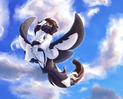 Size: 1540x1242 | Tagged: safe, artist:thatonegib, imported from derpibooru, oc, oc only, beard, cloud, colored wings, commission, facial hair, flying, looking up, multicolored wings, sky, smiling, solo, spread wings, unshorn fetlocks, wings, ych result