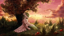 Size: 1920x1080 | Tagged: safe, artist:thatonegib, imported from derpibooru, oc, oc only, pegasus, commission, looking sideways, scenery, smiling, solo, sunset, tree, under the tree, unshorn fetlocks, ych result