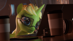 Size: 3840x2160 | Tagged: safe, artist:arcanetesla, imported from derpibooru, oc, oc:mysti tesla, anthro, unicorn, 3d, coffee, coffee mug, glasses, morning, mug, solo, tired