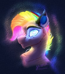 Size: 1110x1259 | Tagged: safe, artist:thatonegib, imported from derpibooru, blue eyes, bust, fluffy, glowing, glowing eyes, glowing mane, headphones, looking at you, multicolored hair, portrait, rainbow hair, smiling, solo