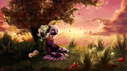 Size: 1920x1080 | Tagged: safe, artist:thatonegib, imported from derpibooru, oc, oc only, earth pony, pegasus, bracelet, commission, jewelry, looking at each other, looking at someone, multicolored hair, scenery, smiling, solo, sunset, tree, under the tree, unshorn fetlocks, ych result