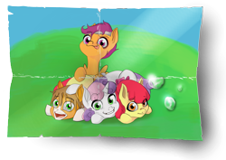 Size: 3972x2813 | Tagged: safe, artist:marrow-pony, imported from derpibooru, apple bloom, scootaloo, sweetie belle, oc, earth pony, pegasus, pony, unicorn, cutie mark crusaders, female, filly, foal, green eyes, group photo, happy, headband, high res, looking at you, lying, lying down, lying on the ground, magenta eyes, old photo, orange coat, orange eyes, simple background, smiling, teardrop, tongue out, transparent background, white coat, yellow coat