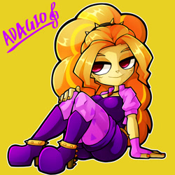 Size: 1543x1543 | Tagged: safe, artist:kyouman1010, imported from derpibooru, adagio dazzle, human, equestria girls, boots, clothes, female, gem, high heel boots, high heels, shoes, simple background, siren gem, sitting, smiling, solo, text, yellow background