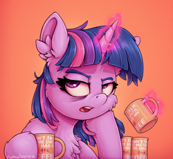 Size: 1216x1112 | Tagged: safe, artist:zeepheru_pone, imported from derpibooru, twilight sparkle, alicorn, pony, angry, annoyed, bags under eyes, chest fluff, coffee, coffee mug, ear fluff, female, gradient background, looking at you, magic, mare, mug, solo, telekinesis, twilight sparkle (alicorn)