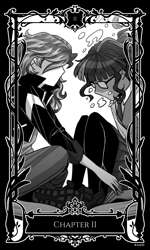 Size: 1152x1920 | Tagged: safe, artist:evelili, imported from derpibooru, sci-twi, sunset shimmer, twilight sparkle, human, fanfic:the twilight effect, black and white, book, boots, clothes, crying, dark, denim, duo, fanfic art, female, glasses, grayscale, humanized, jacket, jeans, leather, leather jacket, lesbian, light skin, monochrome, necktie, pants, scitwishimmer, shipping, shoes, sunsetsparkle, vest