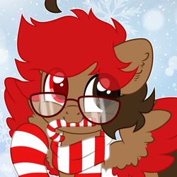 Size: 2048x2048 | Tagged: safe, artist:moonydropps, imported from derpibooru, oc, oc only, pegasus, pony, candy, candy cane, clothes, ears, food, glasses, hair, mane, scarf, snow, snowfall, socks, solo, spread wings, striped scarf, striped socks, wings