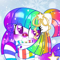 Size: 2048x2048 | Tagged: safe, artist:moonydropps, imported from derpibooru, oc, oc only, pony, blushing, candy, candy cane, clothes, ears, female, food, hair, mane, mare, pink eyes, scarf, snow, snowfall, socks, solo, stars, striped scarf, striped socks