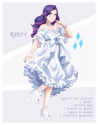 Size: 1606x2048 | Tagged: safe, artist:applesartt, imported from derpibooru, rarity, human, breasts, choker, cleavage, clothes, dress, ear piercing, earring, female, high heels, humanized, jewelry, light skin, looking at you, off shoulder, piercing, shoes, smiling, smiling at you, solo, standing, standing on one leg