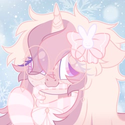 Size: 2048x2048 | Tagged: safe, artist:moonydropps, imported from derpibooru, oc, oc only, pony, unicorn, bow, candy, candy cane, clothes, food, glasses, hair bow, horn, pink eyes, scarf, snow, snowfall, socks, solo, striped scarf, striped socks