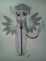 Size: 720x960 | Tagged: safe, artist:dexterisse, imported from derpibooru, oc, oc only, pegasus, pony, microphone, pegasus oc, simple background, solo, traditional art, white background