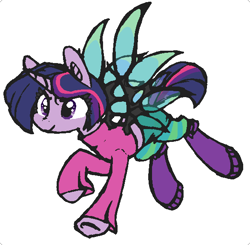 Size: 587x575 | Tagged: safe, alternate version, artist:artflicker, imported from derpibooru, twilight sparkle, pony, unicorn, artificial wings, augmented, crossover, female, magic, magic wings, mare, recolor, simple background, smiling, solo, underhoof, unicorn twilight, w.i.t.c.h., white background, will vandom, wings