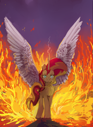 Size: 1280x1747 | Tagged: safe, artist:megalura, imported from derpibooru, sunset shimmer, alicorn, pony, alicornified, crying, female, fiery shimmer, fire, race swap, shimmercorn, solo