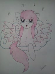 Size: 720x960 | Tagged: safe, artist:dexterisse, imported from derpibooru, oc, pegasus, cloud, female, mare, pegasus oc, simple background, singing, solo, traditional art, white background