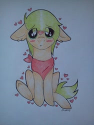 Size: 720x960 | Tagged: safe, artist:dexterisse, imported from derpibooru, oc, earth pony, earth pony oc, floating heart, heart, solo, traditional art