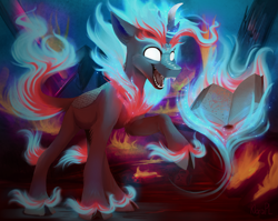 Size: 5015x3999 | Tagged: safe, artist:klarapl, imported from derpibooru, oc, oc:lotus cinder, kirin, nirik, fanfic:words of power, absurd resolution, book, cloven hooves, fanfic art, female, fire, mare, spellbook, story in the source