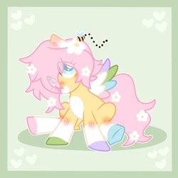 Size: 2048x2048 | Tagged: safe, artist:moonydropps, imported from derpibooru, oc, oc only, oc:spring steps, pegasus, pony, flower, flower in hair, hair, male, mane, sitting, solo, spread wings, stallion, tail, wings