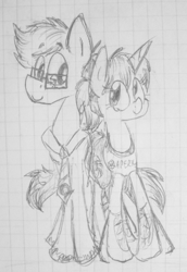 Size: 309x450 | Tagged: safe, artist:artflicker, imported from derpibooru, earth pony, pony, unicorn, chell, duo, female, glasses, grayscale, height difference, long-fall boots, looking at each other, looking at someone, male, mare, monochrome, necktie, pencil drawing, ponified, portal (valve), portal 2, stallion, traditional art, wheatley