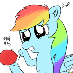 Size: 1080x1080 | Tagged: safe, artist:everydaydashie, imported from derpibooru, rainbow dash, pegasus, pony, atg 2022, balloon, balloon popping, female, needle, newbie artist training grounds, popping, simple background, solo, white background