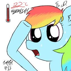 Size: 1080x1080 | Tagged: safe, artist:everydaydashie, imported from derpibooru, rainbow dash, pegasus, pony, atg 2022, female, newbie artist training grounds, simple background, solo, sweat, thermometer, white background