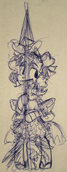 Size: 262x666 | Tagged: safe, artist:artflicker, imported from derpibooru, pokey pierce, pony, unicorn, bipedal, bow, clothes, dress, female, grin, hair bow, magical girl, mare, monochrome, poppy pin, rule 63, sketch, smiling, solo, spear, traditional art, weapon