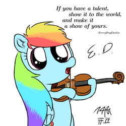 Size: 1080x1080 | Tagged: safe, artist:everydaydashie, imported from derpibooru, rainbow dash, pegasus, pony, atg 2022, female, musical instrument, newbie artist training grounds, simple background, solo, violin, white background