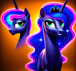 Size: 2990x2790 | Tagged: safe, imported from derpibooru, princess luna, alicorn, pony, ai content, ai generated, bust, eyebrows, eyebrows visible through hair, female, flirting, folded wings, friendly, generator:purplesmart.ai, generator:stable diffusion, high res, looking at you, mare, prompter:yourclopaccount2, side profile, smiling, smiling at you, solo, standing, walking towards you, wings
