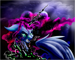 Size: 5000x4000 | Tagged: safe, artist:marrow-pony, imported from derpibooru, nightmare moon, princess luna, alicorn, pony, absurd resolution, angry, crying, darkness, ears back, hate, solo, starry background, tears of anger, transformation