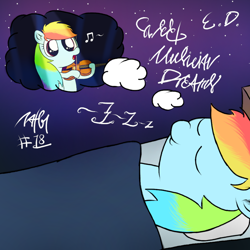 Size: 1080x1080 | Tagged: safe, artist:everydaydashie, imported from derpibooru, rainbow dash, pegasus, pony, atg 2022, bed, dream, female, musical instrument, newbie artist training grounds, sleeping, solo, violin