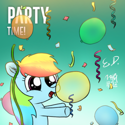 Size: 1080x1080 | Tagged: safe, artist:everydaydashie, imported from derpibooru, rainbow dash, pegasus, pony, atg 2022, balloon, confetti, female, newbie artist training grounds, solo, streamers