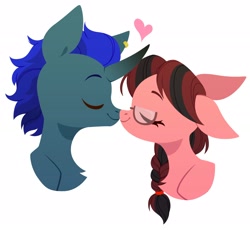 Size: 3000x2757 | Tagged: safe, artist:belka-sempai, imported from derpibooru, oc, oc only, pony, unicorn, duo, duo male and female, eyes closed, female, glasses, heart, horn, kissing, male, mare, simple background, smiling, stallion, white background