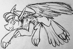 Size: 728x486 | Tagged: safe, artist:artflicker, imported from derpibooru, oc, oc only, bird, bird pone, hybrid, pony, claw hooves, grayscale, monochrome, solo, traditional art