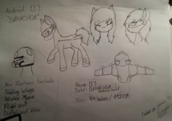 Size: 2856x2016 | Tagged: artist needed, safe, imported from derpibooru, oc, oc only, oc:oh-seven, original species, plane pony, cute, drone, eyelashes, female, headgear, headset, helmet, mane, mare, ocbetes, pencil drawing, plane, reference sheet, solo, traditional art, visor, wig