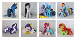 Size: 1565x800 | Tagged: safe, artist:larsen toys, imported from derpibooru, nightmare rarity, octavia melody, pinkie pie, pipp petals, princess luna, rainbow dash, starlight glimmer, tree hugger, trixie, alicorn, earth pony, pegasus, pony, unicorn, clothes, female, g5, horn, irl, lying down, mare, photo, plushie, prone, scarf, standing, wings