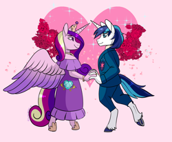 Size: 1280x1057 | Tagged: safe, artist:animalstamp, imported from derpibooru, princess cadance, shining armor, alicorn, anthro, unguligrade anthro, unicorn, clothes, dress, female, flower, heart, holding hands, jewelry, looking at each other, looking at someone, male, pink background, ring, rose, shiningcadance, shipping, simple background, straight, suit, wedding ring