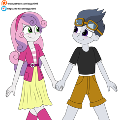 Size: 3240x3156 | Tagged: safe, artist:eagc7, imported from derpibooru, rumble, sweetie belle, human, equestria girls, blushing, clothes, colored, commission, equestria girls-ified, female, goggles, holding hands, male, patreon, patreon reward, rumbelle, shipping, simple background, straight, white background