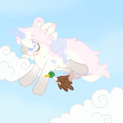 Size: 2000x2000 | Tagged: safe, artist:dreamyveon_, imported from derpibooru, oc, oc only, pony, cloud, flying, horn, solo, wings