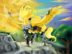 Size: 6061x4581 | Tagged: safe, artist:marrow-pony, imported from derpibooru, oc, pegasus, pony, absurd file size, absurd resolution, bag, blade, cliff, clothes, cyan eyes, detailed background, determined, forest background, light rays, raised hoof, saddle bag, solo, spread wings, standing, weapon, wingblade, wings, yellow coat, yellow mane