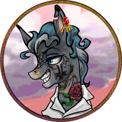 Size: 984x984 | Tagged: safe, artist:saby, derpibooru exclusive, imported from derpibooru, oc, oc only, oc:mulia wild, hybrid, mule, blue eyes, blue mane, bust, character token, clothes, colored, ear piercing, female, gray coat, grin, mare, mature, mule oc, nose piercing, nose ring, piercing, pirate, roleplay illustration, shirt, smiling, solo, tattoo, the last summer, toothy grin, torn ear, wavy mane, wrinkles