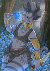 Size: 751x1064 | Tagged: safe, artist:papayapus, imported from derpibooru, zecora, human, alternate hairstyle, belly button, bra, bracelet, bush, clothes, cute, ear piercing, earring, elf ears, female, humanized, jewelry, knife, leaf, midriff, neck rings, necklace, piercing, poison joke, pony coloring, skirt, solo, tail, tailed humanization, tree, underwear, zecorable