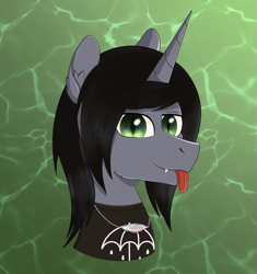 Size: 1209x1284 | Tagged: safe, artist:dyonys, imported from derpibooru, pony, unicorn, :p, abstract background, bust, clothes, commission, disguise, disguised siren, fangs, fins, grin, horn, kellin quinn, looking at you, male, ponified, scales, shirt, sleeping with sirens, slit pupils, smiling, solo, t-shirt, tongue out