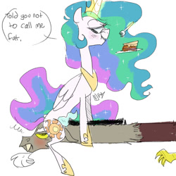 Size: 1024x1024 | Tagged: safe, artist:chandelurres, imported from derpibooru, discord, princess celestia, alicorn, draconequus, pony, cake, cakelestia, dialogue, eating, food, fork, plate, simple background, sitting, white background