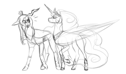 Size: 1280x756 | Tagged: safe, artist:animalstamp, imported from derpibooru, princess celestia, queen chrysalis, alicorn, changeling, pony, monochrome, sketch