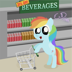 Size: 1081x1081 | Tagged: safe, artist:everydaydashie, imported from derpibooru, rainbow dash, pegasus, pony, female, groceries, shopping, shopping cart, solo, store