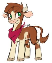 Size: 999x1200 | Tagged: safe, artist:jovalic, imported from derpibooru, cow, them's fightin' herds, arizona (tfh), cloven hooves, community related, handkerchief, looking at something, smiling, standing