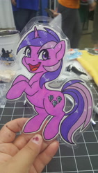 Size: 5312x2988 | Tagged: safe, artist:inkkeystudios, imported from derpibooru, amethyst star, sparkler, pony, unicorn, :3, badge, happy, looking at you, open mouth, open smile, paper pony, photo, smiling, solo, traditional art