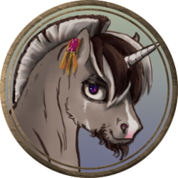 Size: 256x256 | Tagged: safe, artist:saby, derpibooru exclusive, imported from derpibooru, oc, oc only, oc:plankwalker, pony, unicorn, bust, character token, coat markings, dun, ear piercing, earring, facial hair, facial markings, jewelry, looking at you, male, piercing, pirate, purple eyes, roached mane, roleplay illustration, scarred, smiling, smirk, solo, stallion, stripe (coat marking), the last summer