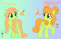 Size: 3493x2242 | Tagged: safe, artist:friendshipizfucked, artist:sir-psych0-s3xy, imported from derpibooru, oc, oc only, oc:gingergold, oc:valencia, oc:valencia orange, pegasus, pony, base used, cutie mark, duo, female, food, gradient background, mare, offspring, orange, parent:big macintosh, parent:fluttershy, parents:fluttermac, reference sheet, siblings, sisters